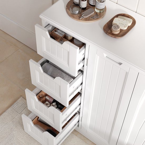 Xbro Badkamerkast, Smalle Opbergkast met 4 Laden en 2 Deuren, Vrijstaande Kast met Verstelbare Plank, Waterbestendig MDF, 81x30x83 cm, Wit