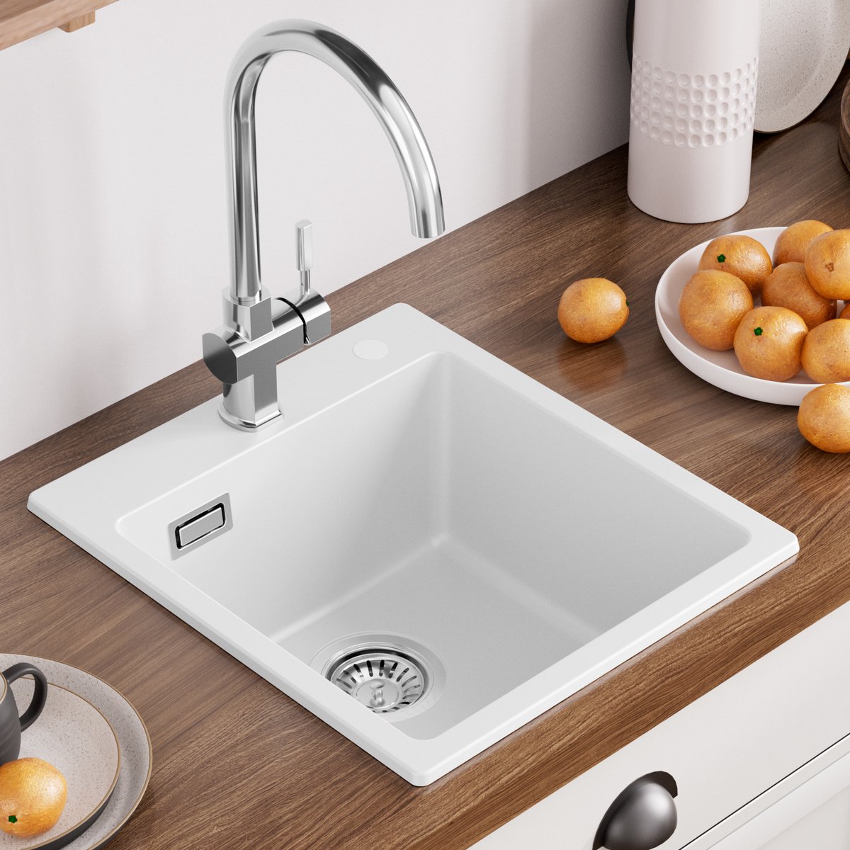 Auralum max Spoelbak Keuken 40x45CM - Spoelbakken Graniet - Enkele spoelbak Wit - Met waterafvoersysteem - Voor 40 cm kast