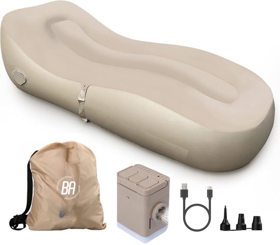 Beige opblaasbare bank van 180x75x58 cm, met draagtas, elektrische pomp, oplaadkabel en nozzles.