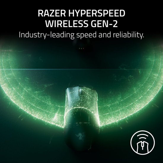 Zwarte Razer gaming muis met groene lichteffecten. Tekst: RAZER HYPERSPEED WIRELESS GEN-2. Industry-leading speed and reliability.