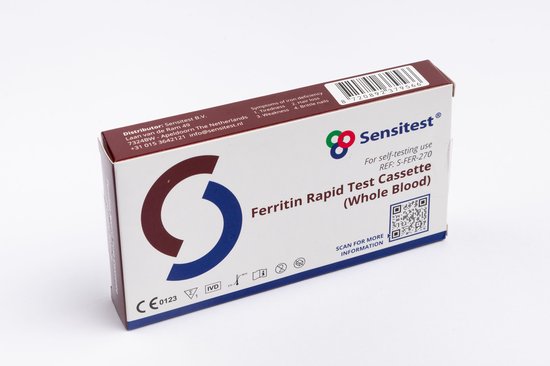 Ferritine Sneltest – 1 stuk – Zelftest voor ijzertekort – Drempel 30 ng/mL – Resultaat binnen 5 minuten – Inclusief lancet, alcoholpad, buffer & pipet