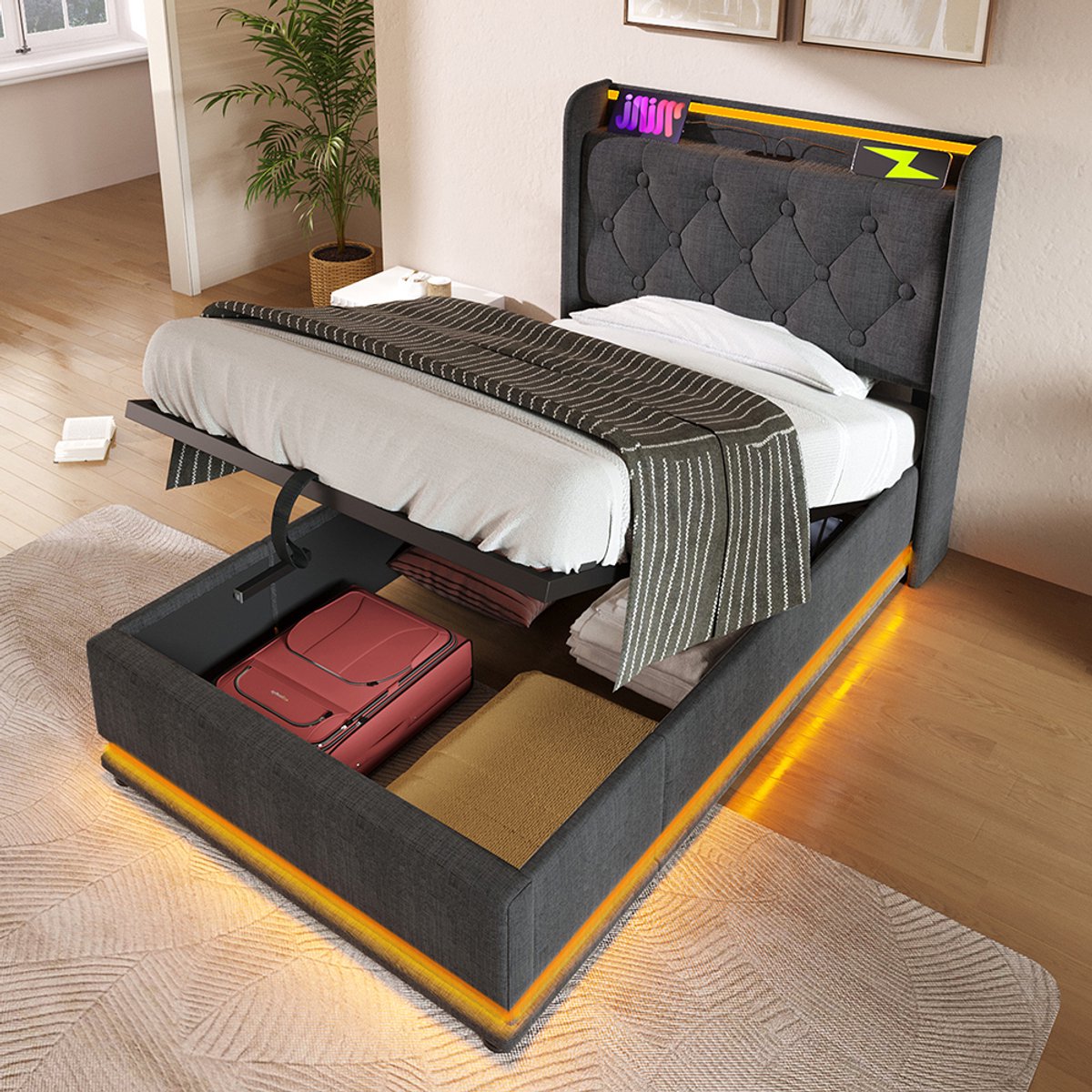 Pugsdrly Gestoffeerd bed eenpersoonsbed, 360° surround LED-functie, drukknop/app/afstandsbediening, 90*200 cm, grijs Linnen materiaal Hydraulisch bedframe, gestoffeerd hoofdeinde met USB-type C-oplaadfunctie (zonder matras)