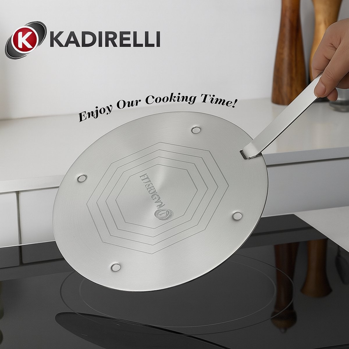 Kadirelli - Hitteverdelerplaat 24 cm – RVS – Voor Inductie, Gas & Keramisch – Met Afneembaar Handvat