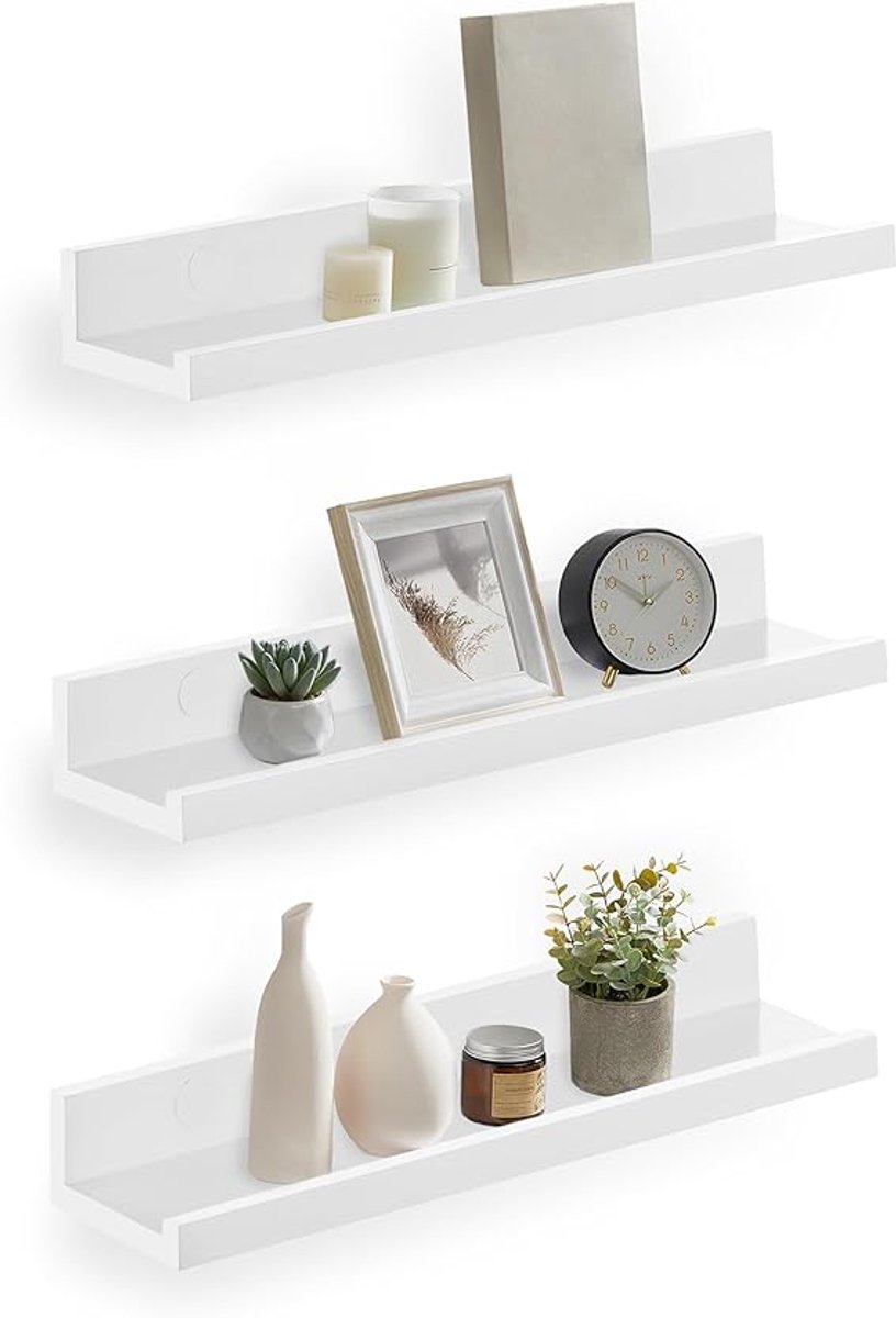 Famanu - Vrijhangende boekenplanken, set van 3, zwevende planken, hoogglans oppervlak, voor fotolijstjes en boeken, 38 x 10 cm, moderne planken, wit