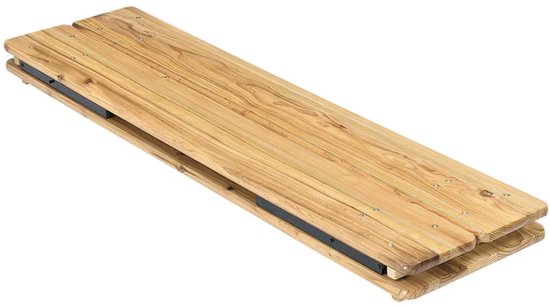 Houten biertafel, dichtgeklapt, met zwarte metalen scharnieren.