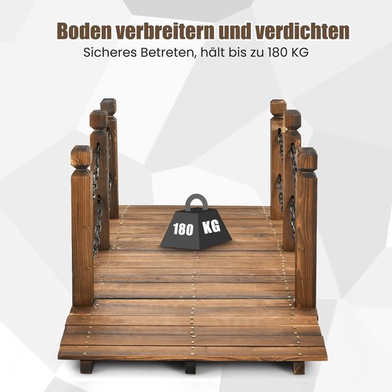 Pont de jardin décoratif en bois d'épicéa – 150 x 67 x 55 cm, avec garde-corps et Colliers, jusqu'à 180 kg