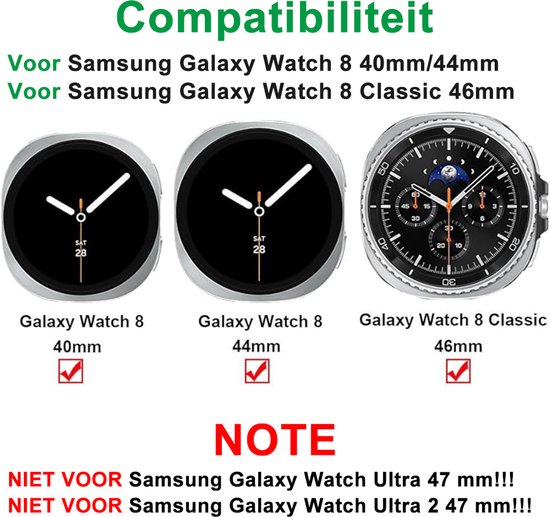Compatibiliteit: Samsung Galaxy Watch 8 40mm, 44mm en Classic 46mm. Niet voor Ultra 47mm.
