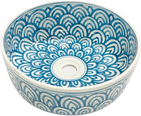 Vasque Marocaine En Céramique Peinte à La Main – 35 Cm, Blanc Et Noir