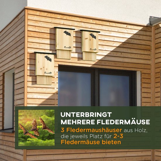 PawHut Fledermauskasten 3er- Set, Fledermaushaus, Nistkasten für Fledermäuse, Fledermausbox zum Aufhängen für Summer, Winter, Tannenholz, 25 x 6 x 37,5 cm, Naturel