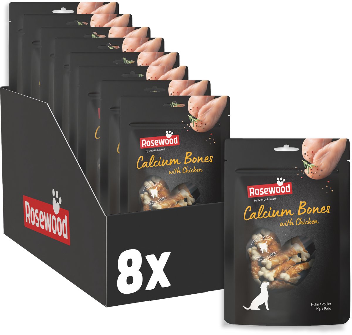 Rosewood Calcium Bones Kip - Hondensnack met Extra Calcium - Met Kip & Runderhuid - Graanvrij - 8 zakjes à 100g