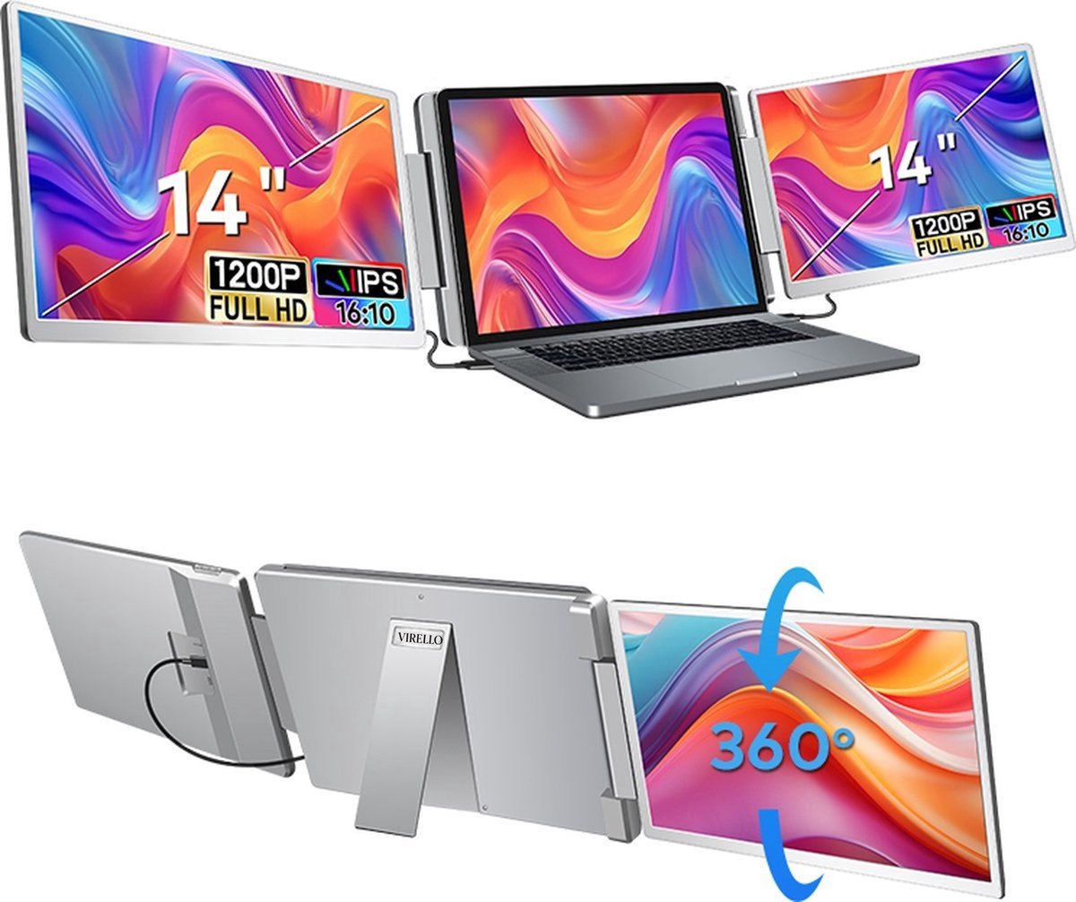 Virello® Draagbare Flip Monitor 14" Full HD - USB-C & HDMI - Inclusief Beschermhoes - Voor Laptop, MacBook, PS5, Nintendo Switch - Grijs - 2 jaar garantie