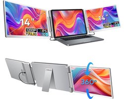 Virello® Draagbare Flip Monitor 14" Full HD - USB-C & HDMI - Inclusief Beschermhoes - Voor Laptop, MacBook, PS5, Nintendo Switch - Grijs - 2 jaar garantie