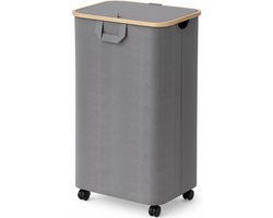 Posity Wasmand op Wielen – 100 Liter – Opvouwbaar – Met Deksel & Handvaten – Wasmand Stof - Bamboe - Laundry Basket - Incl. Waszak - Grijs