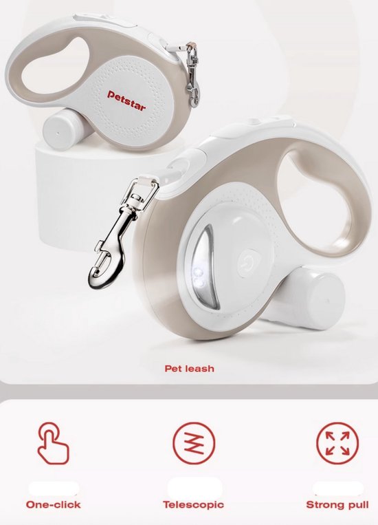 Petstar™ Retractable LED Lighted Dog Leash with Trashbag Holder - LED intrekbare hondenriem - led rollend lood eenhandige rem pauzeslot voor kleine middelgrote honden tot 15kg - 5 meter