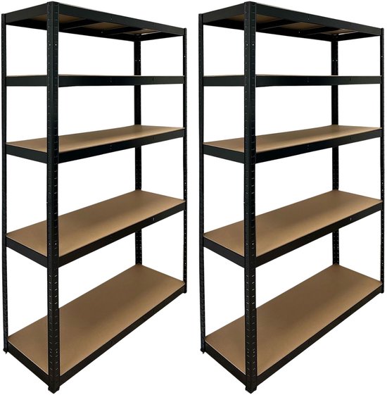 Set van twee zwarte metalen opbergrekken met 5 houten planken elk. Afmetingen 180 x 120 x 40 cm.