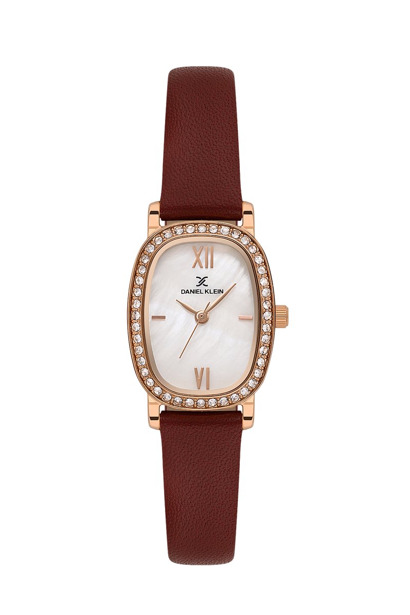 Daniel Klein DK.1.13943-6 - Horloge - Polshorloge - Analoog - Dames - Vrouwen - Leren band - Ovaal - Metaal - Romeinse Cijfers - Bordeauxrood - Briljante rosékleurig