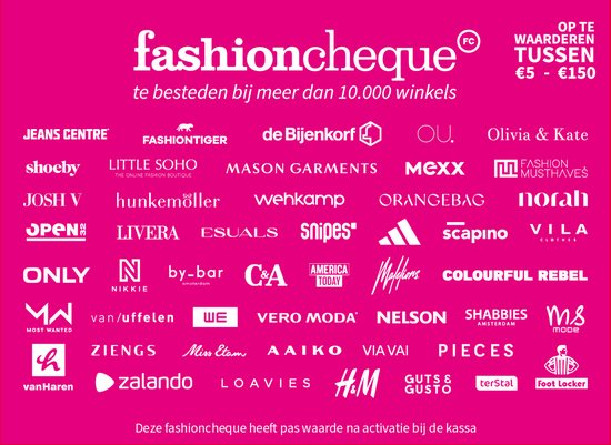 Gekleurde kaart met het fashioncheque logo en vele winkellogo's erop.