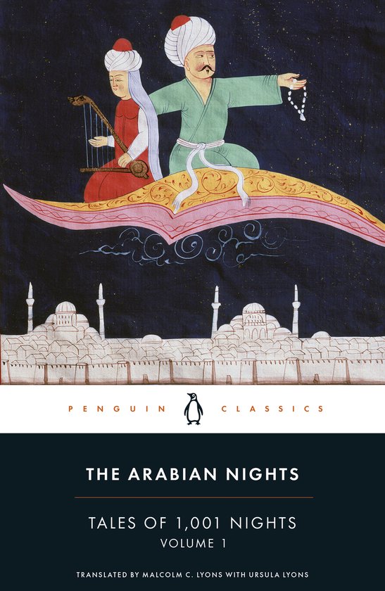 Een miniatuur van twee figuren op een vliegend tapijt boven een stad. Titel: The Arabian Nights. Penguin Classics.