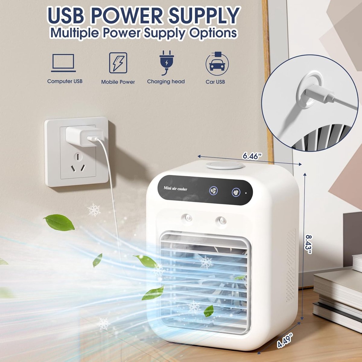 mobiele airco-Mobiele airco zonder afvoer-mobiele airco voor slaapkamer-mobiele airco met waterbak -25W Mini draagbare airconditioner - 2 koele luchtstralen - 2 snelheden persoonlijke koelventilator - voor slaapkamer, kantoor, buiten – foto 4