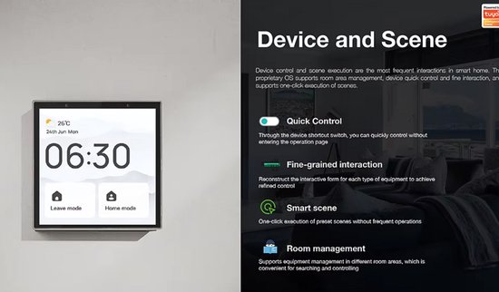 Wit smart control panel aan een muur. Bevat 'Device and Scene' functies zoals 'Quick Control' en 'Smart scene'.