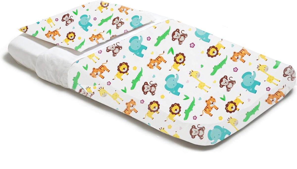Image of 4-delige Wieg Beddengoedset – 100% Katoen – Hoeslaken 83x50 + Dekbedovertrek + Kussensloop + Dekbed – Jungle motief | Perfect Kado