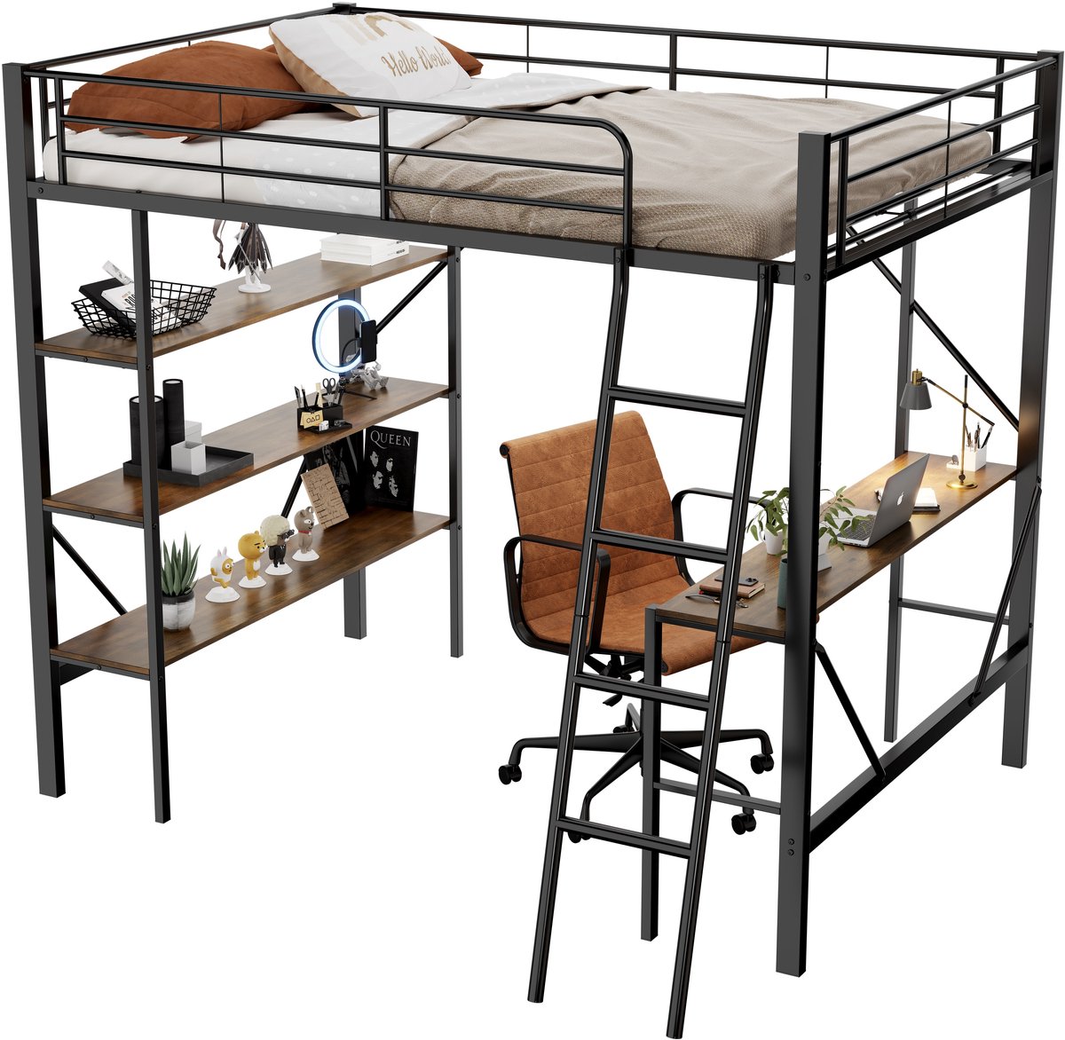 Merax 90x200 cm Hoogslaper met bureau en drie planken - 90x200 cm - zwart - zonder matras