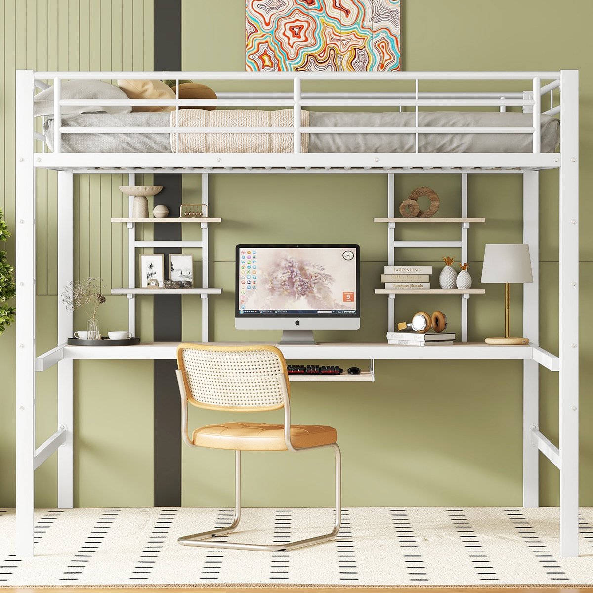 Merax Hoogslaper 140x200 cm met bureau en twee boekenplanken - kinderen - tieners en volwassenen - wit