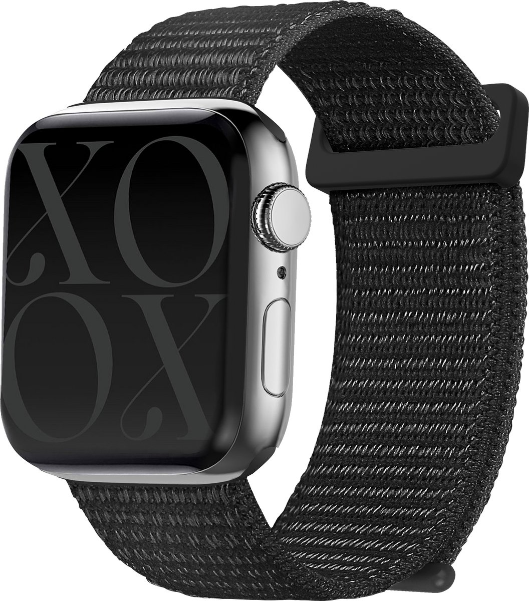 xoxo Wildhearts Nylon Band geschikt voor Apple Watch bandje - Series 1/2/3/4/5/6/7/8/9/10/SE/Ultra (2) - Zwart - Nylon smartwatchbandje met klittenband - Stof iWatch bandje voor maat: 44mm / 45mm / 46mm / 49mm