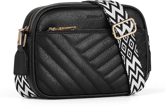 Sac bandoulière noir en cuir PU matelassé avec motif géométrique sur la sangle, présenté sur fond blanc.
