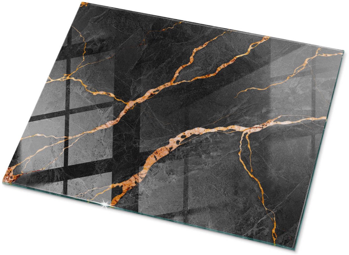 TULUP Tafelblad Glas - Marmerpatroon Met Aderen Glazen Tafelblad - 80 cm x 60 cm - Zwart Glazen Plaat - Rechthoekig Tafelblad Glas - Glazen Tafelblad voor Tuin of Terrastafels - Veiligheidsglas Zwart Marmerpatroon Met Aderen