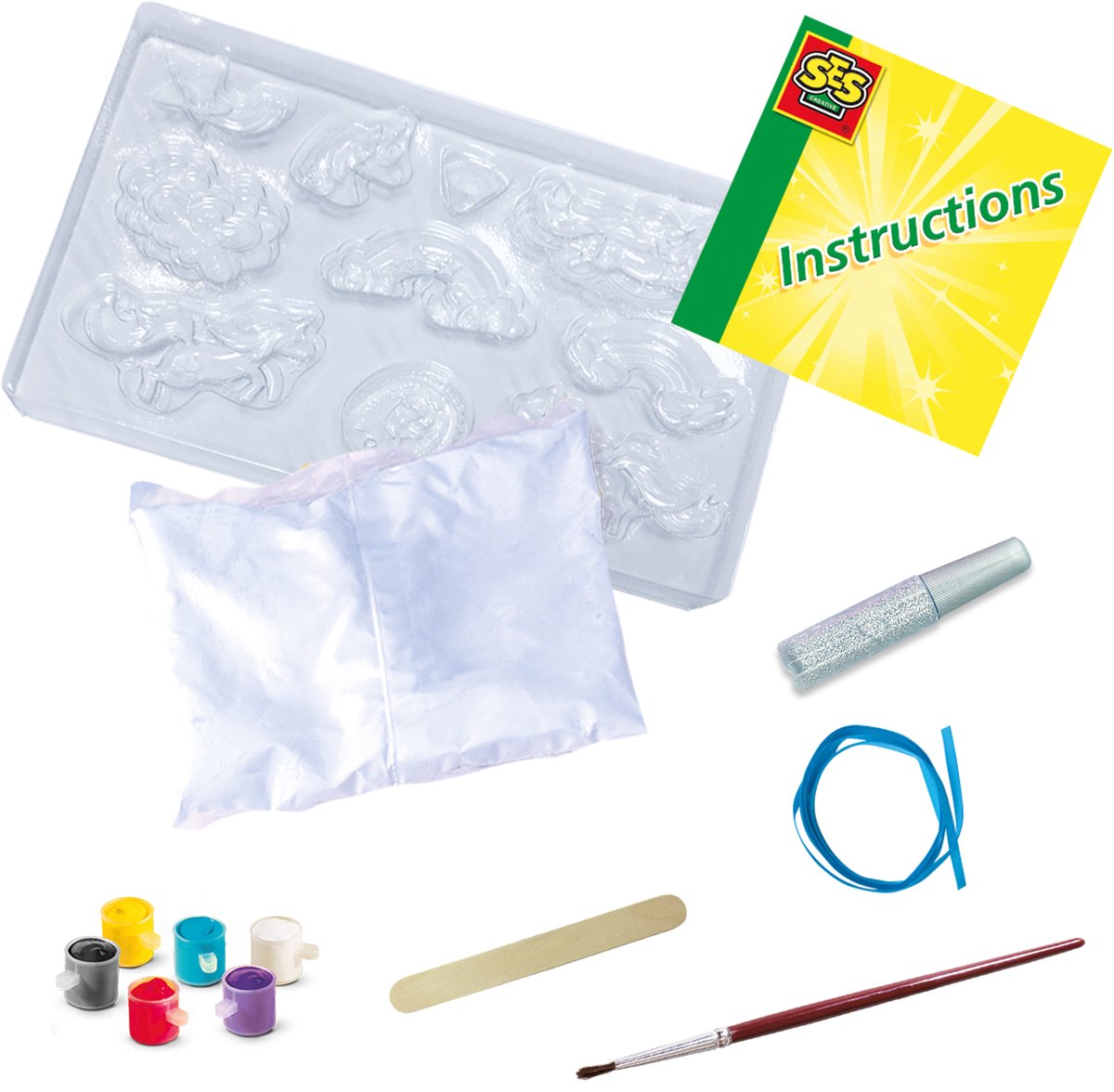 SES - Gieten en schilderen - Eenhoorns - Unicorn Speelgoed - sneldrogend - Gips Gieten - vormpjes, gips, verf, penseel, glitterlijm, gladstrijkkam en satijnband - knutselen meisjes