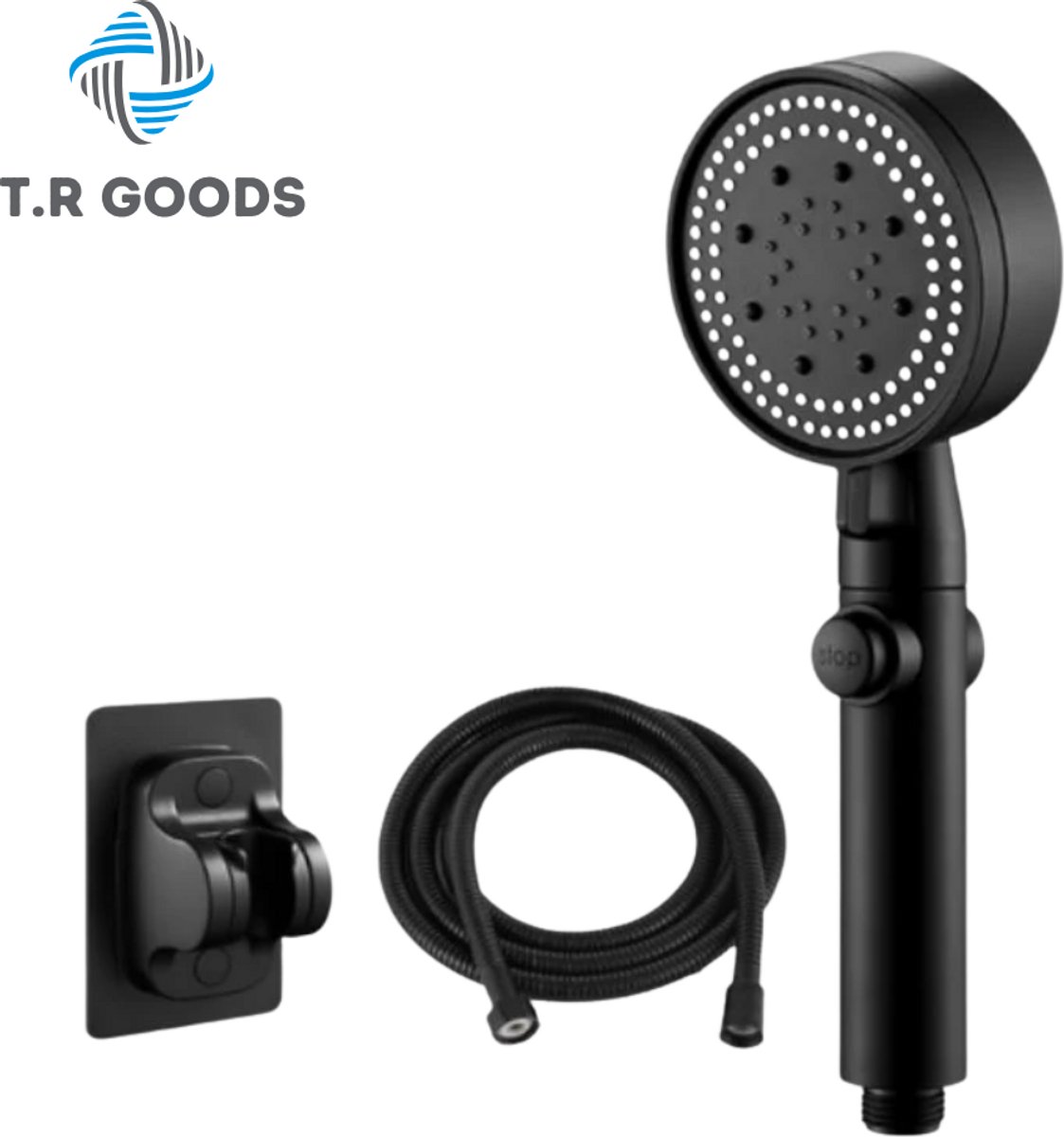 T.R Goods Luxe Zwarte Douchekop met Slang – 6-standen | Waterbesparend & Drukverhogend