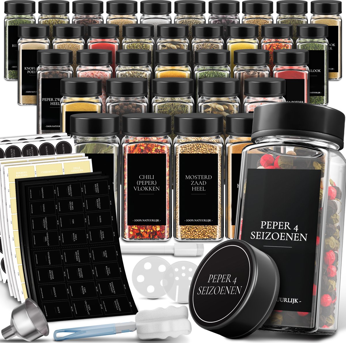 Soothe 36 Glazen Kruidenpotjes Vierkant met Zwarte Deksel – 2 Soorten Strooideksels – Kruidenstrooier – Spice Jars – Complete Set incl Kruiden Stickers, Krijtstift en Accessoires – 120ml