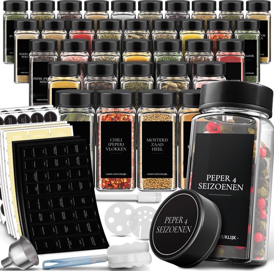 Un ensemble de 36 pots à épices en verre avec couvercles noirs, y compris des étiquettes et des accessoires.