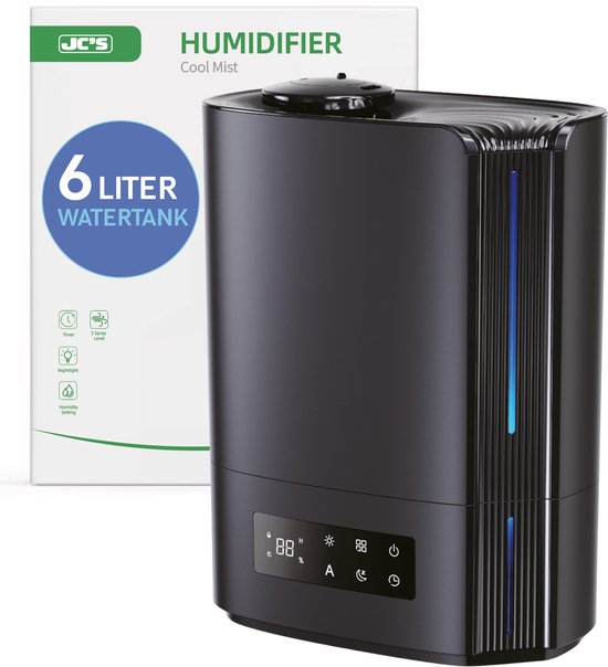 JC's - Luchtbevochtiger - Grote watertank 6 liter - Ultrasone luchtbevochtiger - Automatische functie met Hygrometer - Aroma diffuser - Humidifier - Luchtbevochtigers - Geruisloos - zwart - Energieklasse A+++