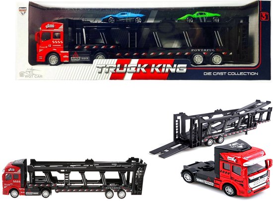 Metal truck - Auto transporter met 2 mini auto's - 3in1 - pull-back - vrachtwagen set