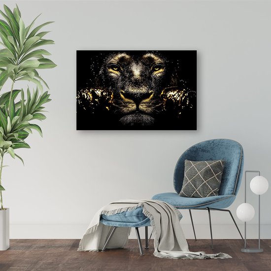 Décoration murale de Luxe lion doré - Peinture lion sur verre - Art or - Hyperréalisme - Acrylique - Décoration murale - verre acrylique 105x70 cm