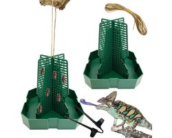 2-stuks kameleonvoederbak - Klimbaar - Met paal - Gemonteerde voederbak - Grote plastic reptielenvoederbak - Baardagaamvoercontainer - Wormenbak voor hagedissen, gekko's en kikkers - Groen - 112x112x120mm
