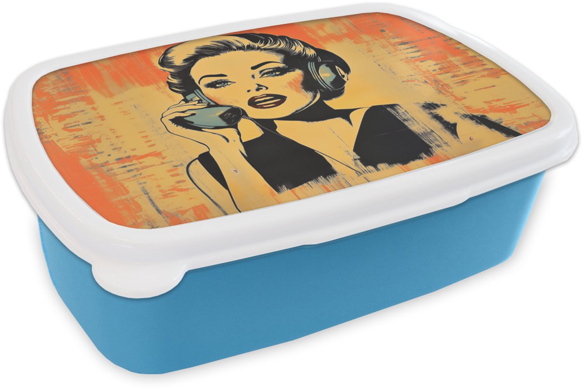 Broodtrommel Blauw - Lunchbox Retro - Vrouw - Koptelefoon - Oranje - Brooddoos 18x12x6 cm - Brood lunch box - Broodtrommels voor kinderen en volwassenen