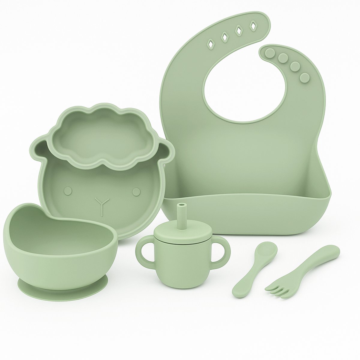 Babygiftset© – Siliconen babyservies set – Schaap Olijfgroen – Kinderservies set – Kinderbord – Kom – Met Zuignap – Kinderbestek – Babybestek – Slabbetjes – Drinkbeker – Snack cup – Kraamcadeau meisje – Kraamcadeau jongen – Babyshower cadeau