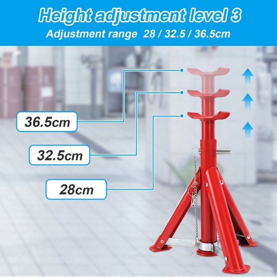 Rode autokrik met hoogte-instellingen van 28cm, 32,5cm en 36,5cm.