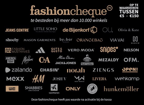 Fashioncheque logo met de tekst 'Op te waarderen tussen €5 - €150' en tientallen winkel logo's.