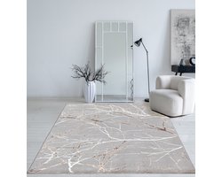 the carpet Mila – Modern vloerkleed met takkenmotief en glansstructuur, geschikt voor woonkamer en hal, grijs met bruin takken, 140 x 200 cm