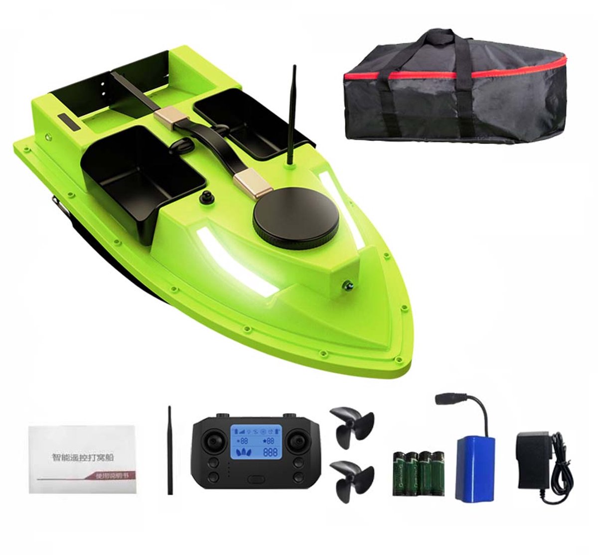 LOKEEVAN D19 GPS Voerboot - 2KG Laadvermogen - 4 Voerbakken - 12000 mAh Batterij - 500 Meter Bereik - LED Verlichting - Cruise Control - met Opbergtas - Groen
