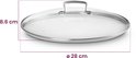 Glazen deksel met RVS handgreep, 28 cm doorsnede, 8.6 cm hoog.