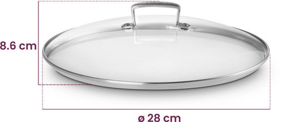 Glazen deksel met RVS handgreep, 28 cm doorsnede, 8.6 cm hoog.