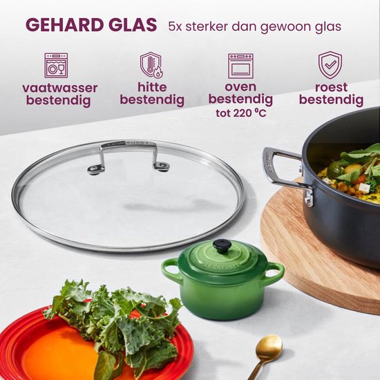 Glazen deksel van gehard glas, vaatwasser-, hitte-, ovenbestendig (tot 220°C) en roestbestendig.
