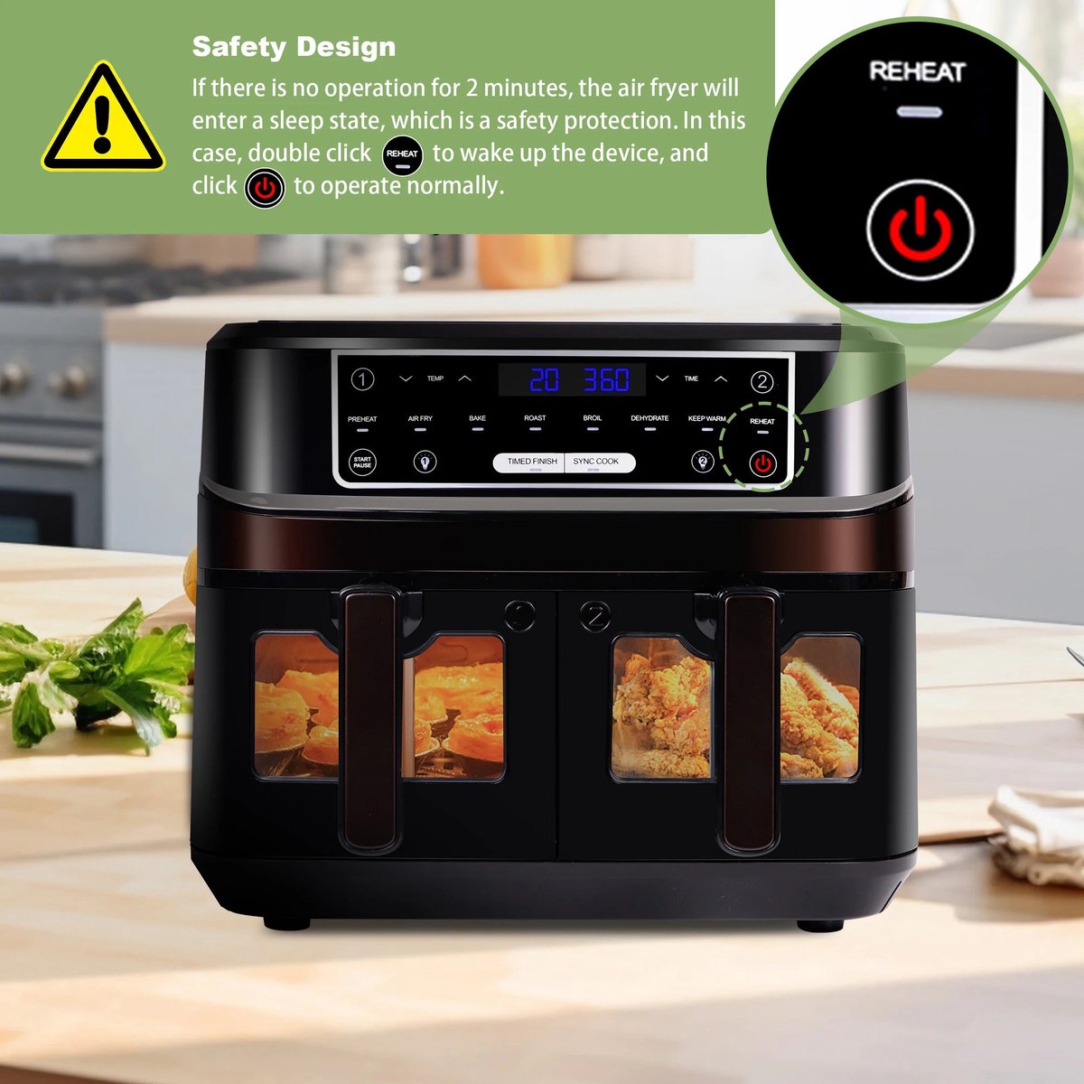 Afbeelding 2 van Heteluchtfriteuse 10L - Airfryer - 2000W - 240V - 8 Automatische Programma's – Dubbele Lades - Touchscreen - Kijkvenster - Zwart