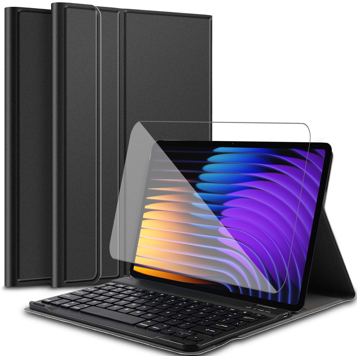 Hoes met toetsenbord geschikt voor Xiaomi Mi Pad 7 / 7 Pro (11.2 inch - 2025 - 7e Generatie) - Screen Protector GlassGuard - Keyboard Book Case Cover Hoesje Zwart & Screenprotector