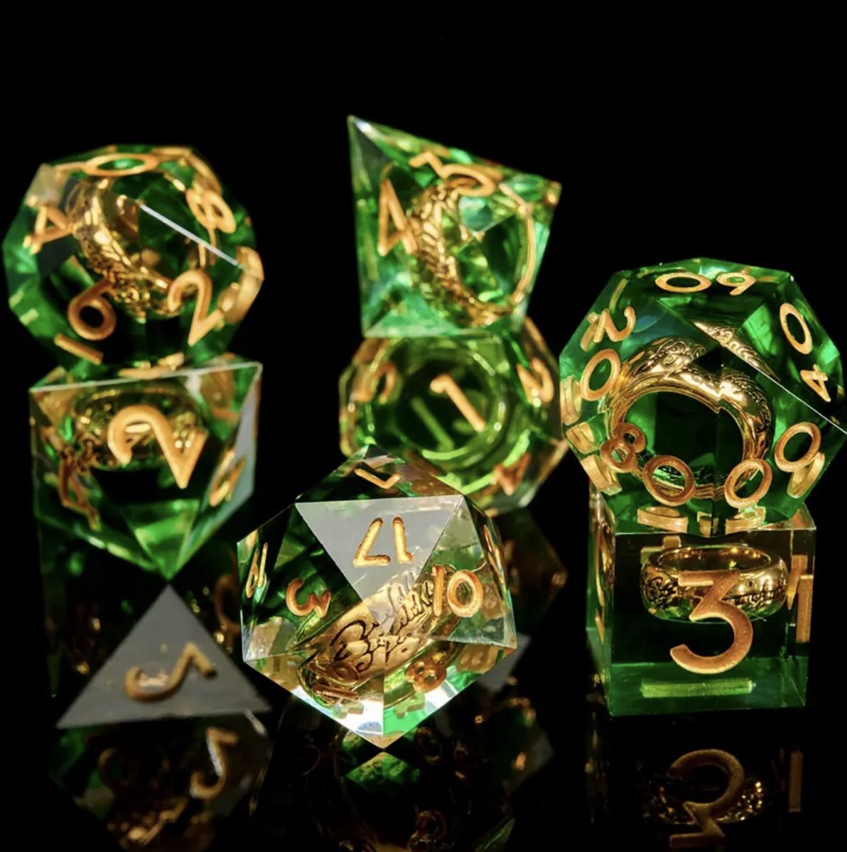 Joya Dice® Polydice Dobbelsteen set geschikt voor rollenspellen zoals Dungeons and Dragons D&D DnD | Dobbelstenen Set | Dice set | Resin 7 stuks set | Incl Luxe Opbergdoos | Groen met Ring in de Stenen